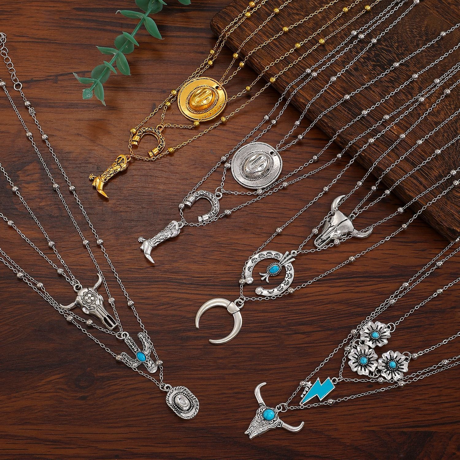 Wholesale Zinc Alloy Western Cowboy Turquoise Layered Necklace Set Bohemian Fashion Accessory Gift