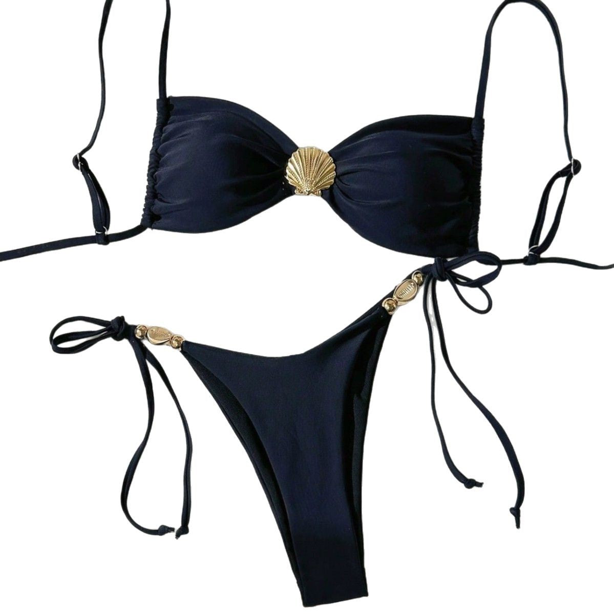 Wholesale Two-piece shell drawstring solid color swimsuit