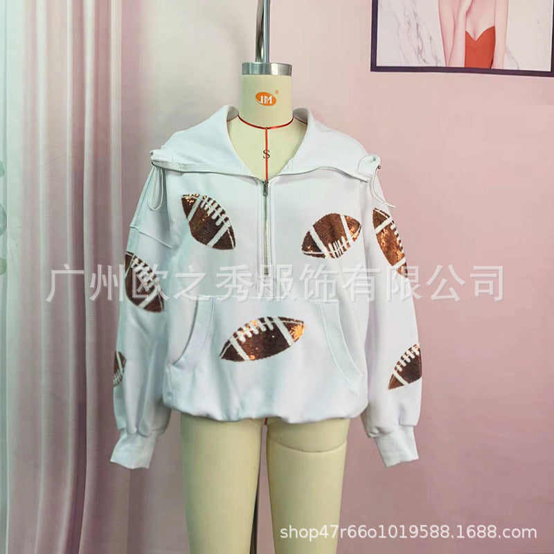 Wholesale Spring and Autumn Rugby Sequin Patchwork Hooded European and American Zipper Drawstring Long Sleeved Women Clothes