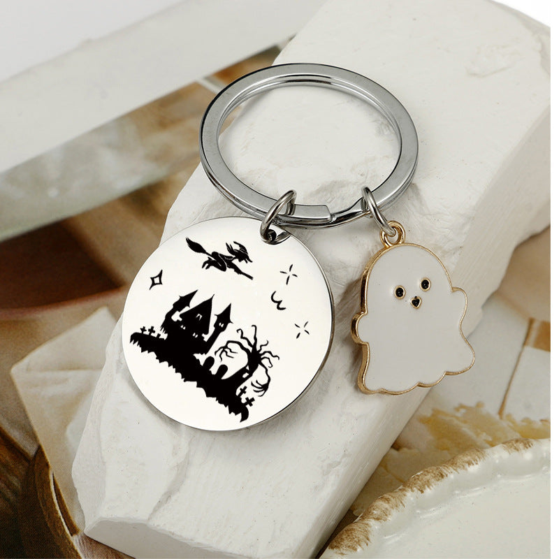 Wholesale Halloween Double Sided Stainless Steel Engraving Ghost Keychain