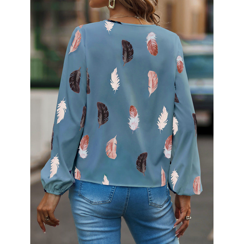 Wholesale Autumn and Winter Women's V-neck Feather Printing Long Sleeve Loose T-shirt