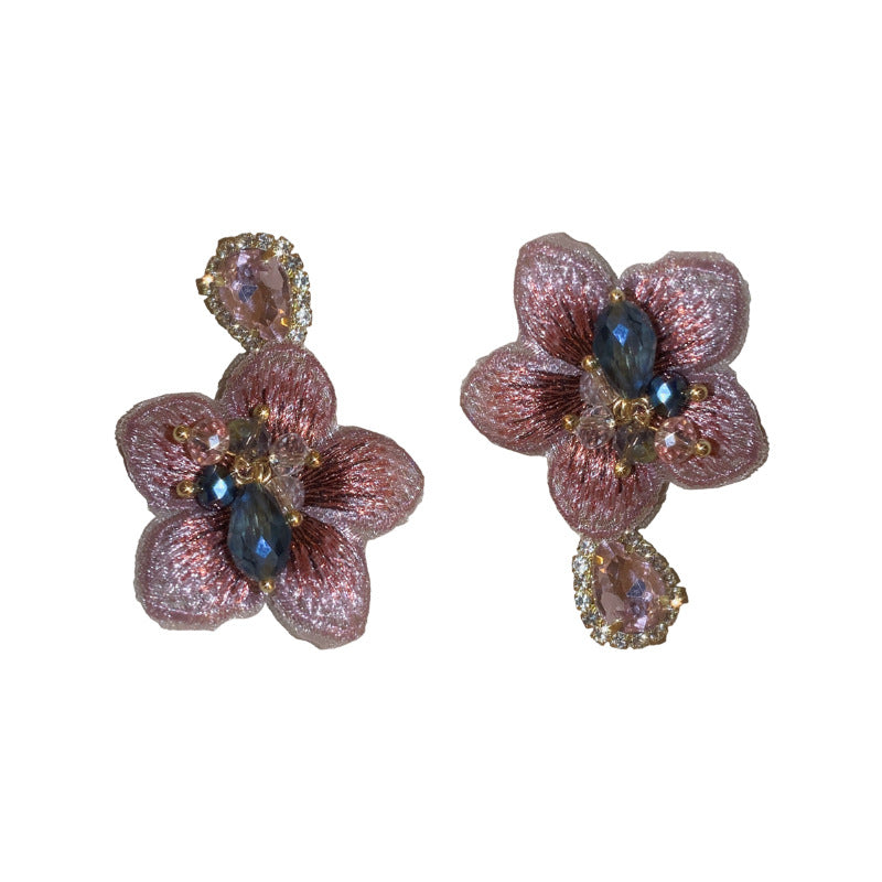 Wholesale 925 silver asymmetrical diamond fabric flower earrings
