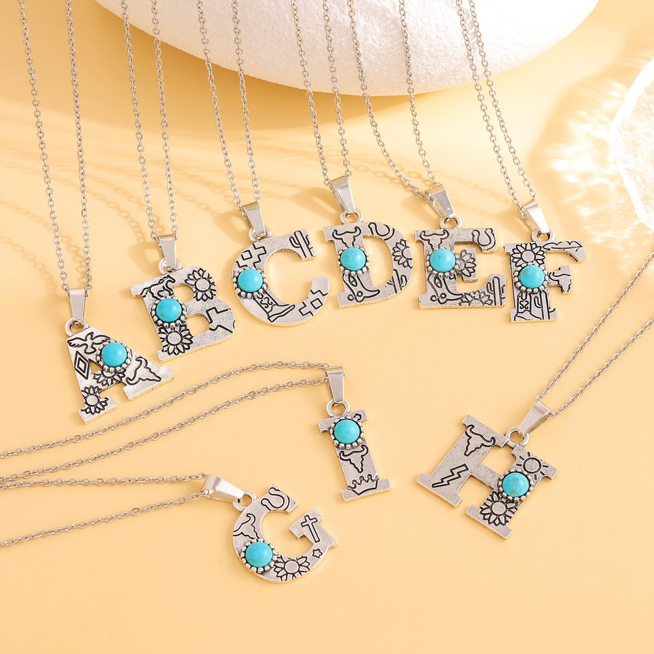 Wholesale Western stainless steel chain cactus turquoise letter necklace