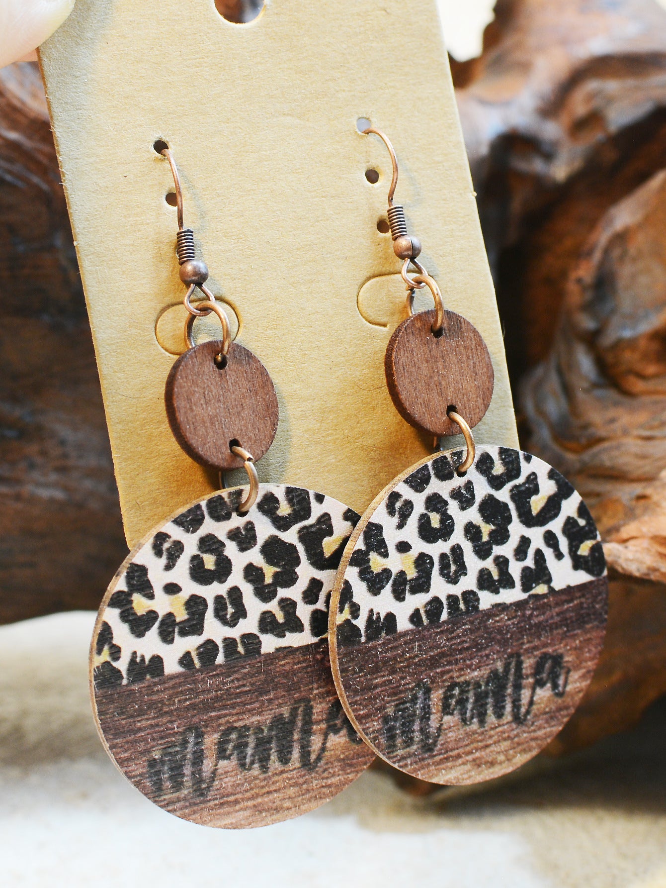 Wholesale Vintage Leopard Print Wood Chip MAMA Round Earrings