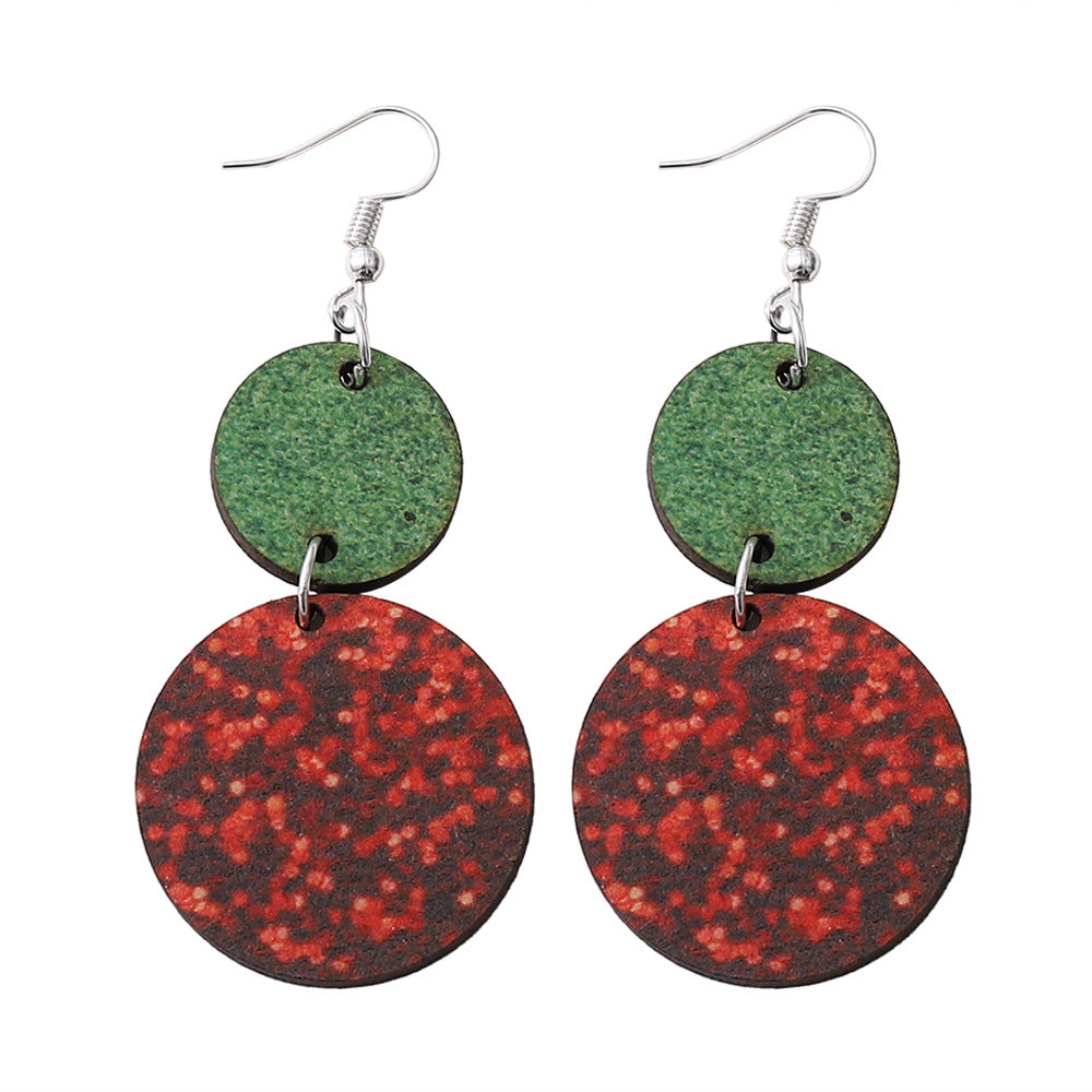 Wholesale Christmas Round Double Sided Wooden Sequin Glitter Red and Green Earrings