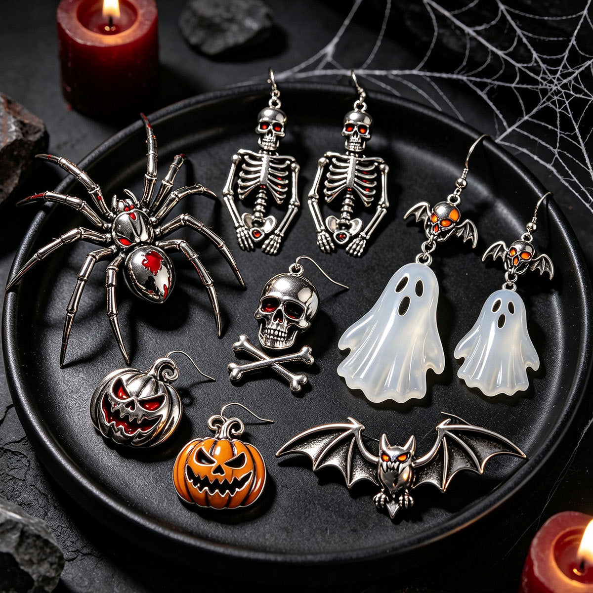 Wholesale Retro Gothic Horror Style  Earrings With Bat Skeleton  Ghost Design Zinc Alloy Enamel Jewelry Accessory For Boutique Resale