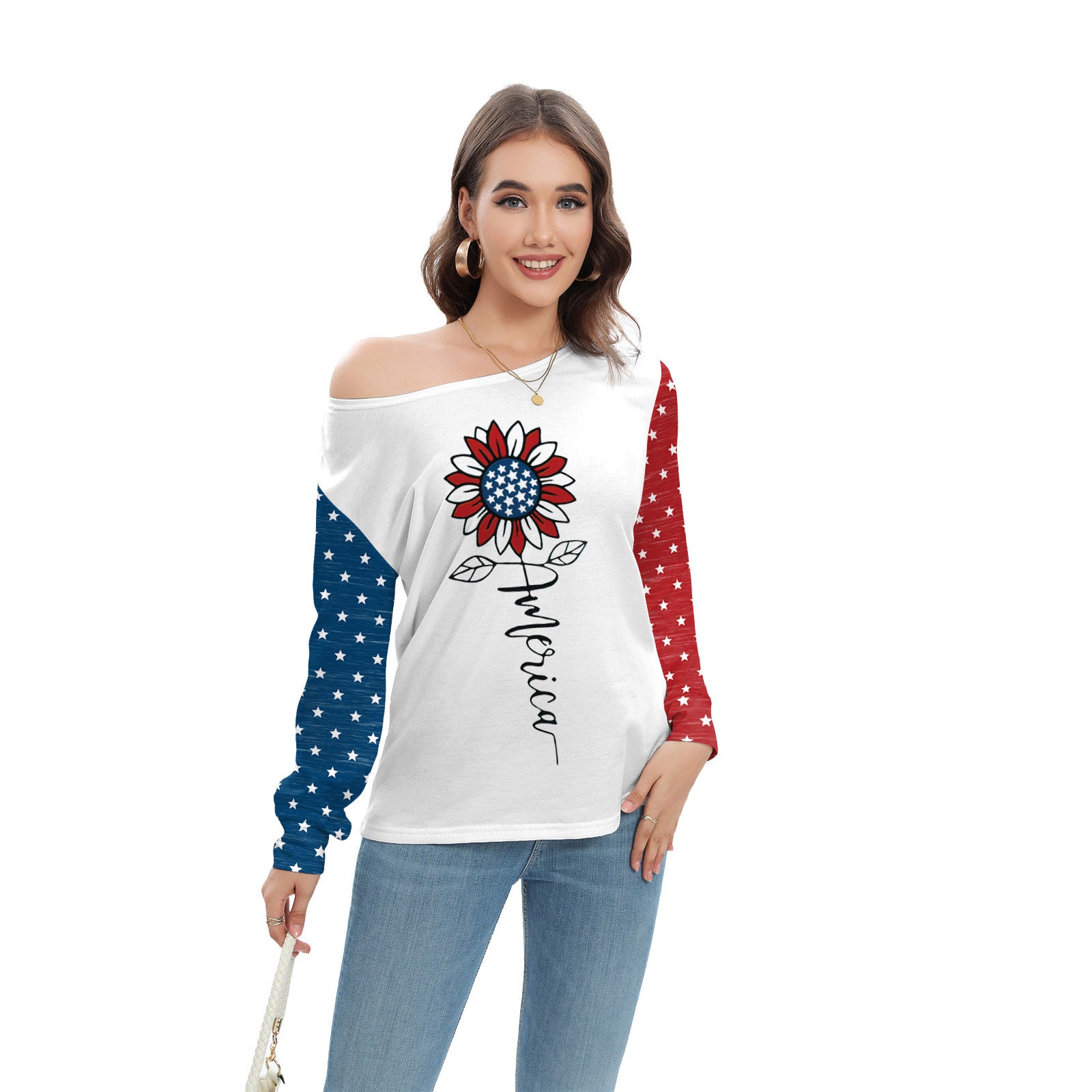 Wholesale Star Stripe Print Independence Day Fashion Off-shoulder Long Sleeve