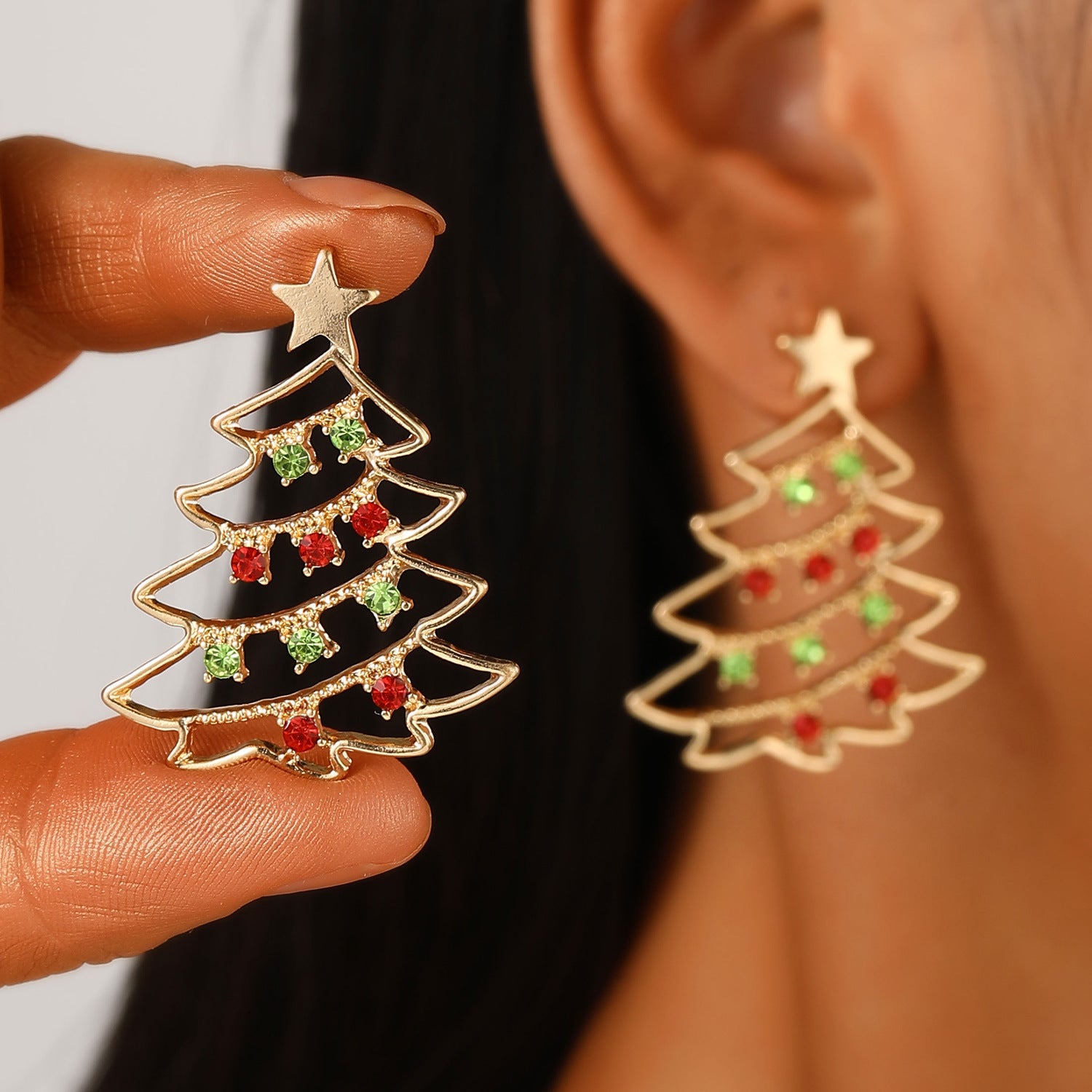 Wholesale Diamond-encrusted Christmas tree earrings