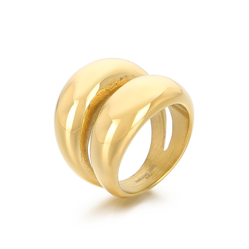 Wholesale Fashion Exaggerated Gold Arc Top Mirror Polished Electroplated 18k Real Gold Titanium Steel Double Row Rings