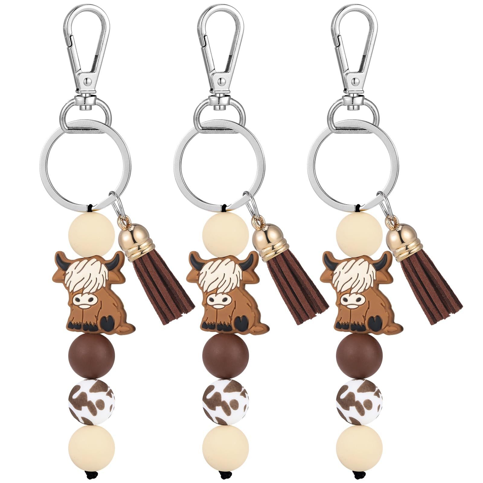 Wholesale Stylish Yak Cow Silicone Bead Tassel Keychain Spot Print Mountain Cow Pendant For Backpack Car Key And Birthday Gift Giving