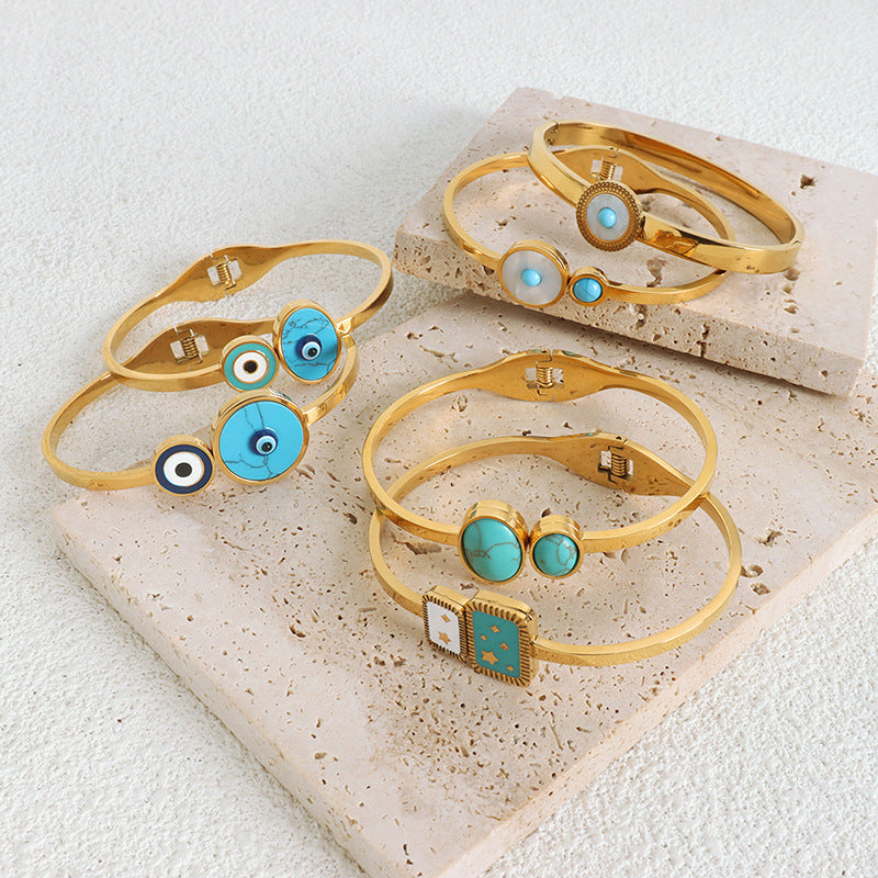 Wholesale Retro Titanium Steel Drip Oil Octagram Open Stretch Female Bracelet