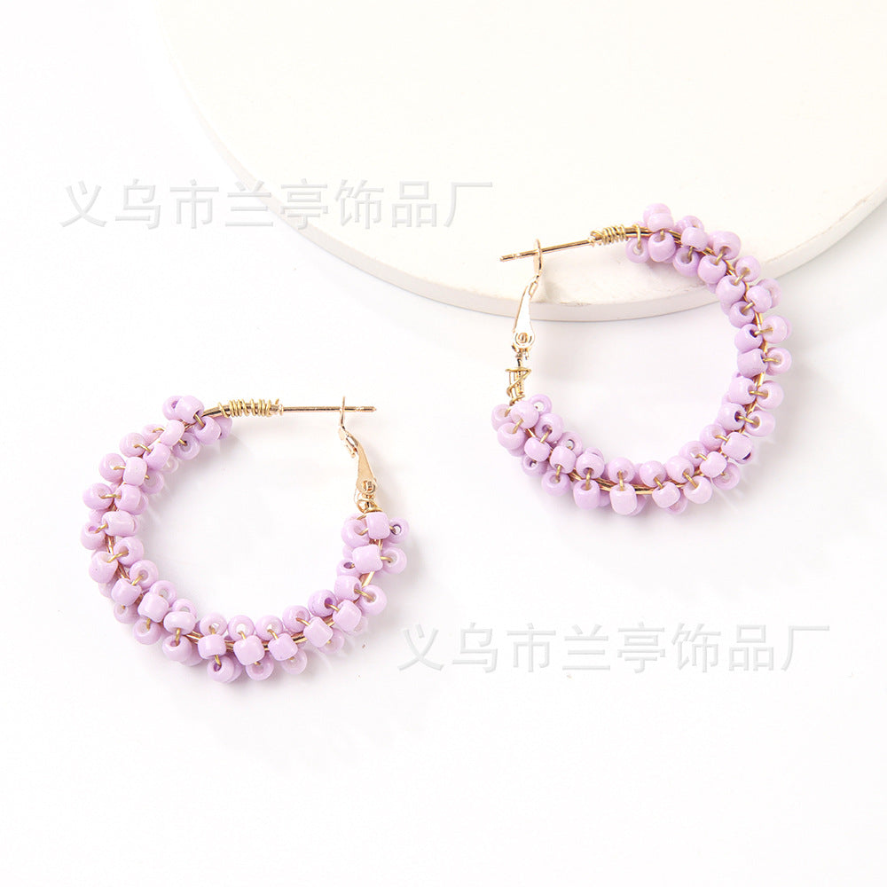 Wholesale Bohemian Colorful Circle Hand Braided Rice Bead Earrings