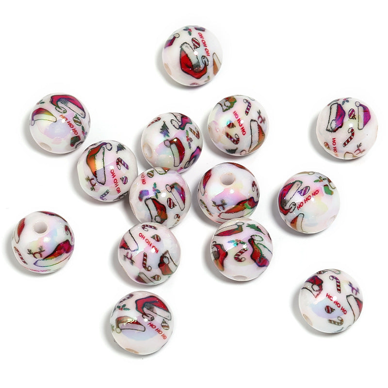 Wholesale100pcs Acrylic Santa Claus Elk Printed Beads DIY Christmas Cartoon Beads