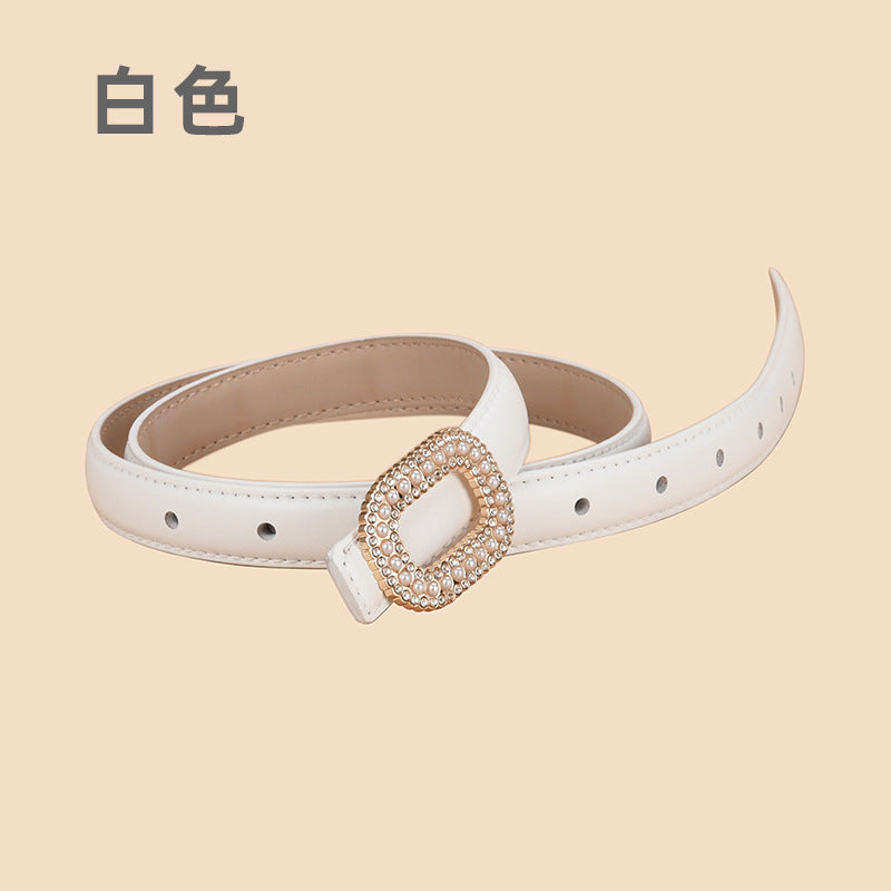 Wholesale Versatile Genuine Leather Belt with Round Buckle Inlaid with Pearls and Rhinestones