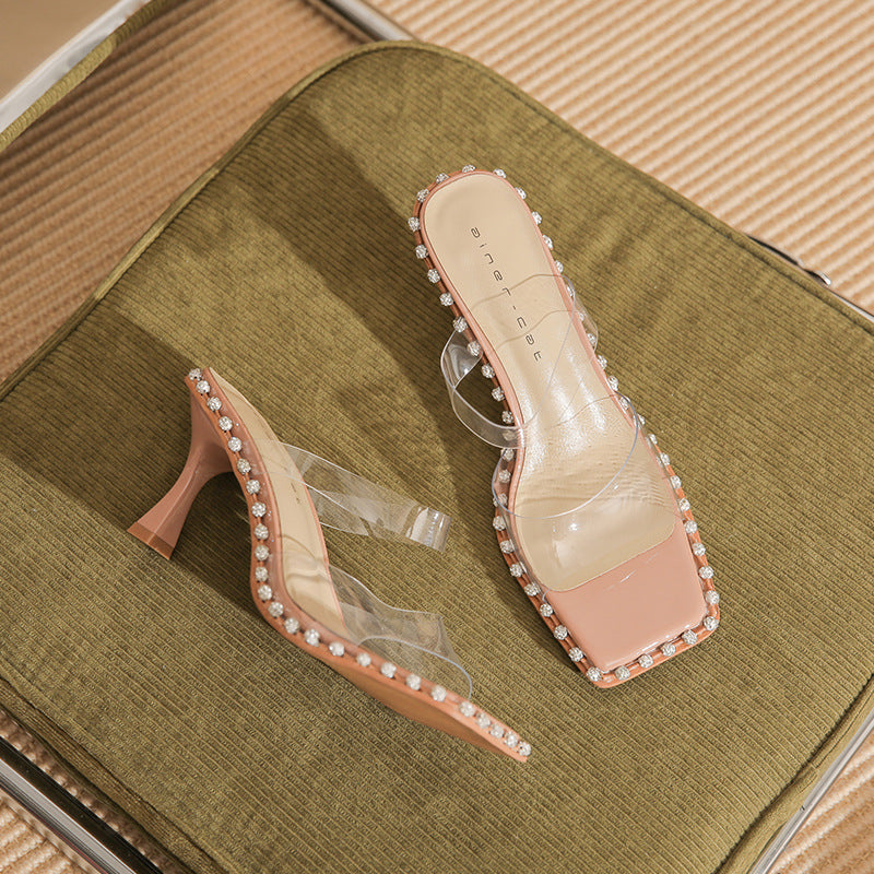 Wholesale square head slippers women's summer wear transparent one-word high-heeled sandals