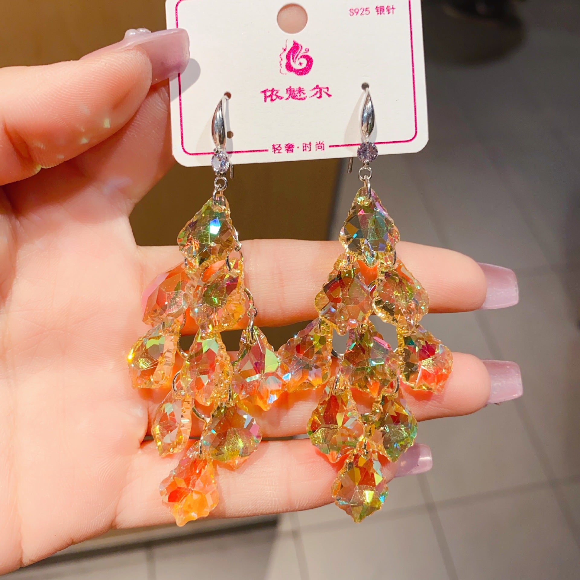 Wholesale 925 Silver Needle Exaggerated Crystal Earrings Simple Long Earrings