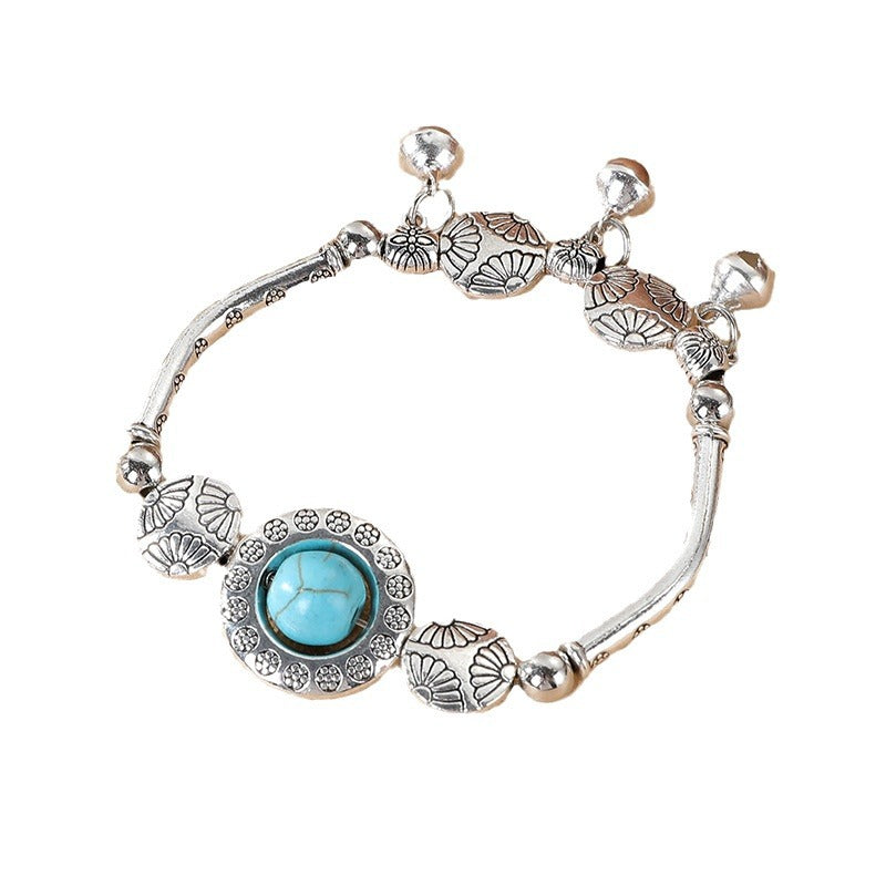 Wholesale Vintage Handmade Miao Bracelet Silver Tone Alloy With Turquoise Blue Accents Fashion Jewelry Accessory Travel Souvenir Gift