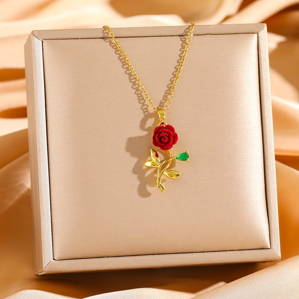 Wholesale Red Rose Diamond Titanium Steel Necklace