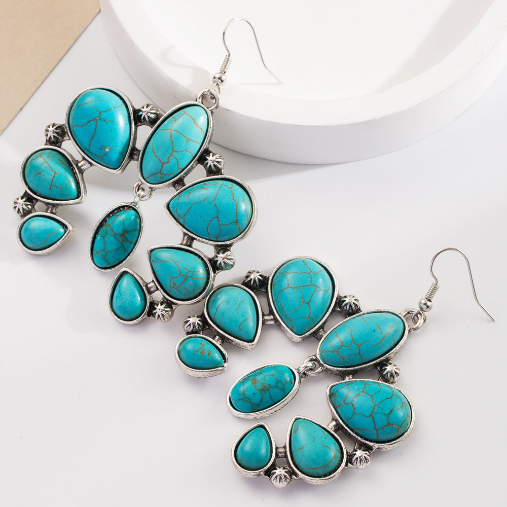 Wholesale Retro Geometric Creative Alloy Inlaid Turquoise Color Diamond Bohemian Earrings