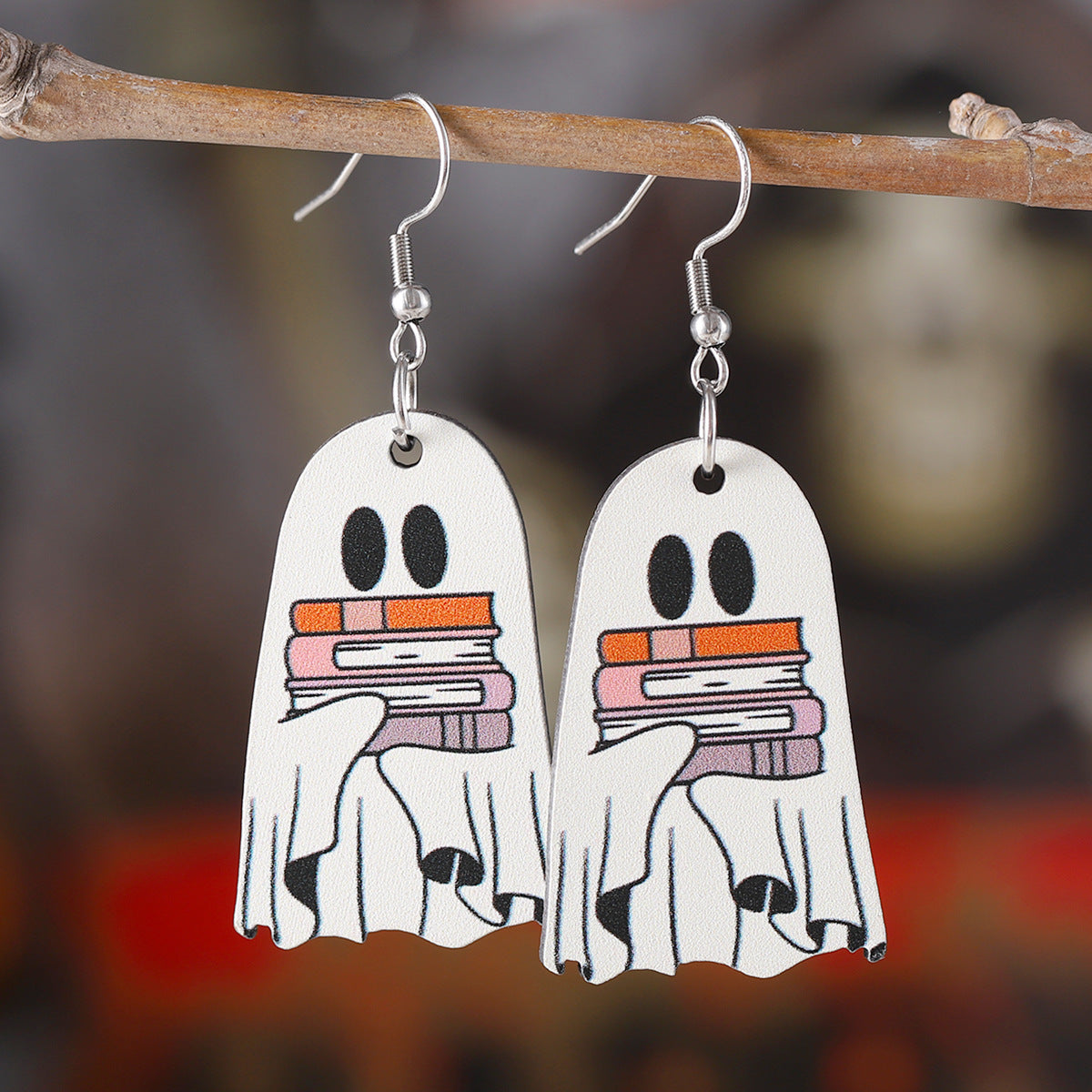 Wholesale Book Ghost Wooden Gothic Style Double-Sided Earrings