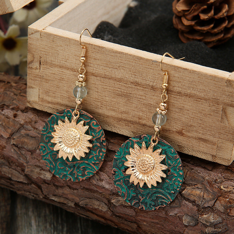 Wholesale Retro Bohemian Color Separation Double Layer Sunflower Pattern Earrings
