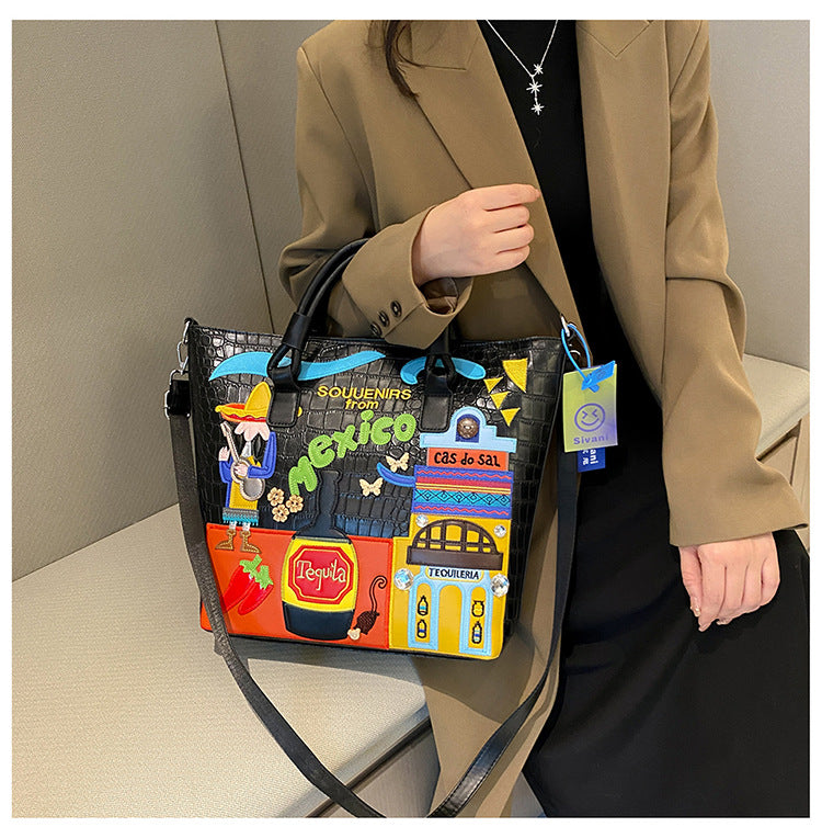 Bordado de tema mexicano de PU al por mayor Bordado de gran capacidad Bolso de hombro casual