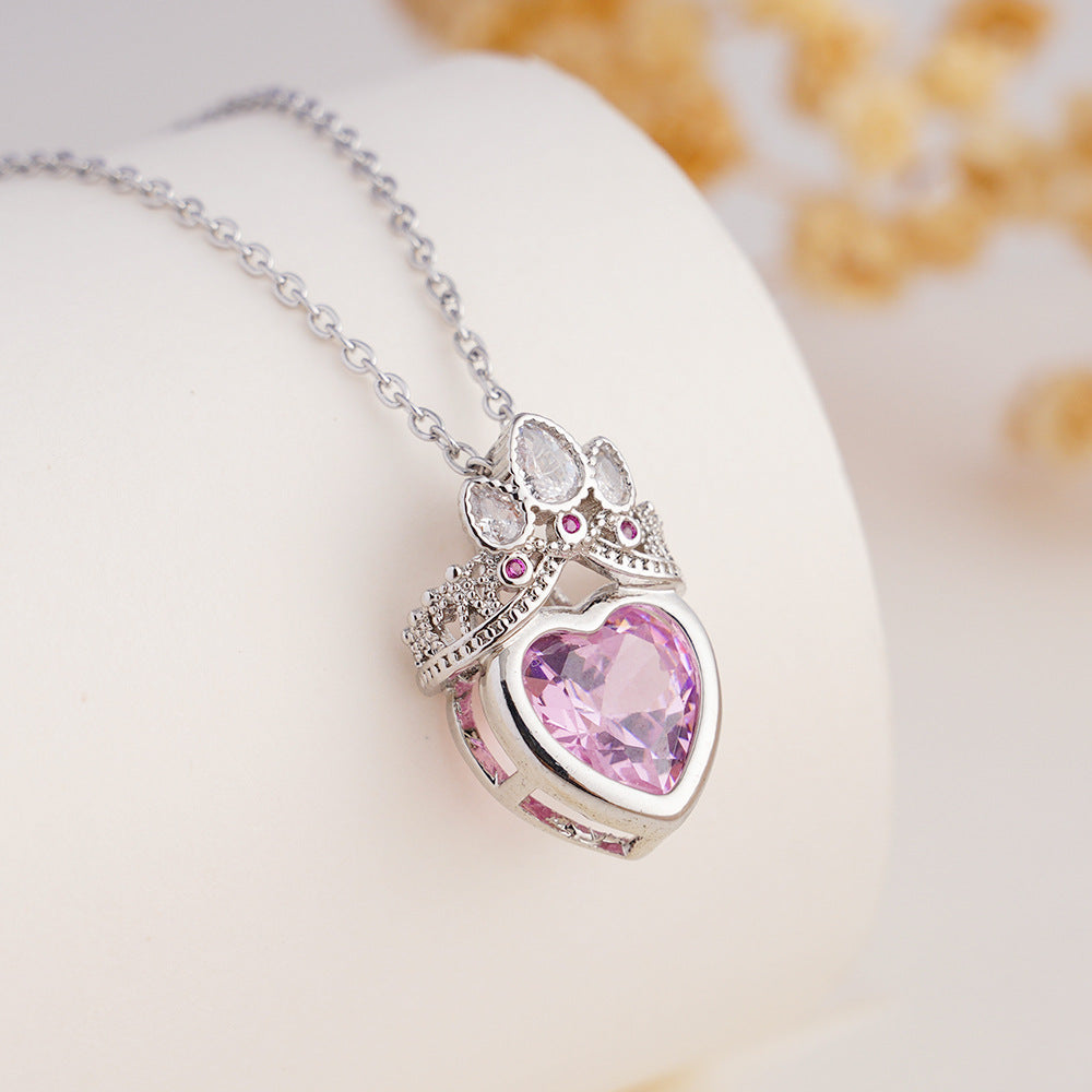 Wholesale Stainless Steel Clavicle Chain Pink Crown Love Necklace Light Luxury Accessories