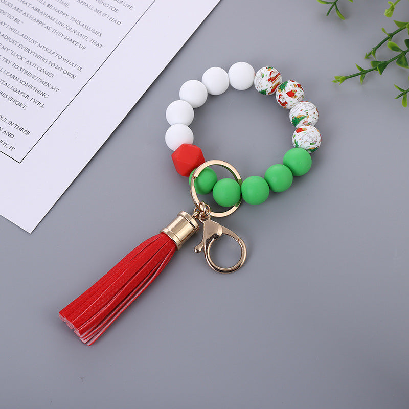 Wholesale Christmas New Silicone Beads PU Tassel Wooden Beads Bracelet Keychain