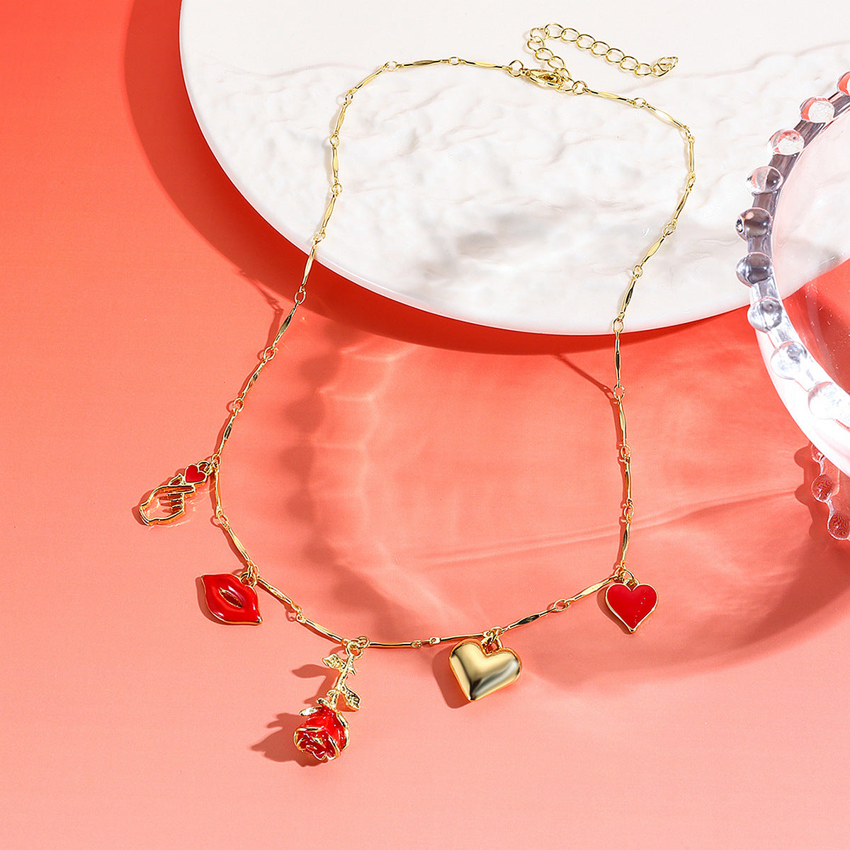 Wholesale Red Rose Zinc Alloy Bracelet and Necklace Valentine' s Day Jewelry Set