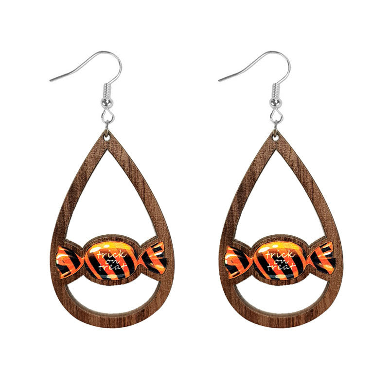 Esqueleto al por mayor Halloween Pumpkin bruja negro Cat de araña Drop de agua aretes huecos de madera