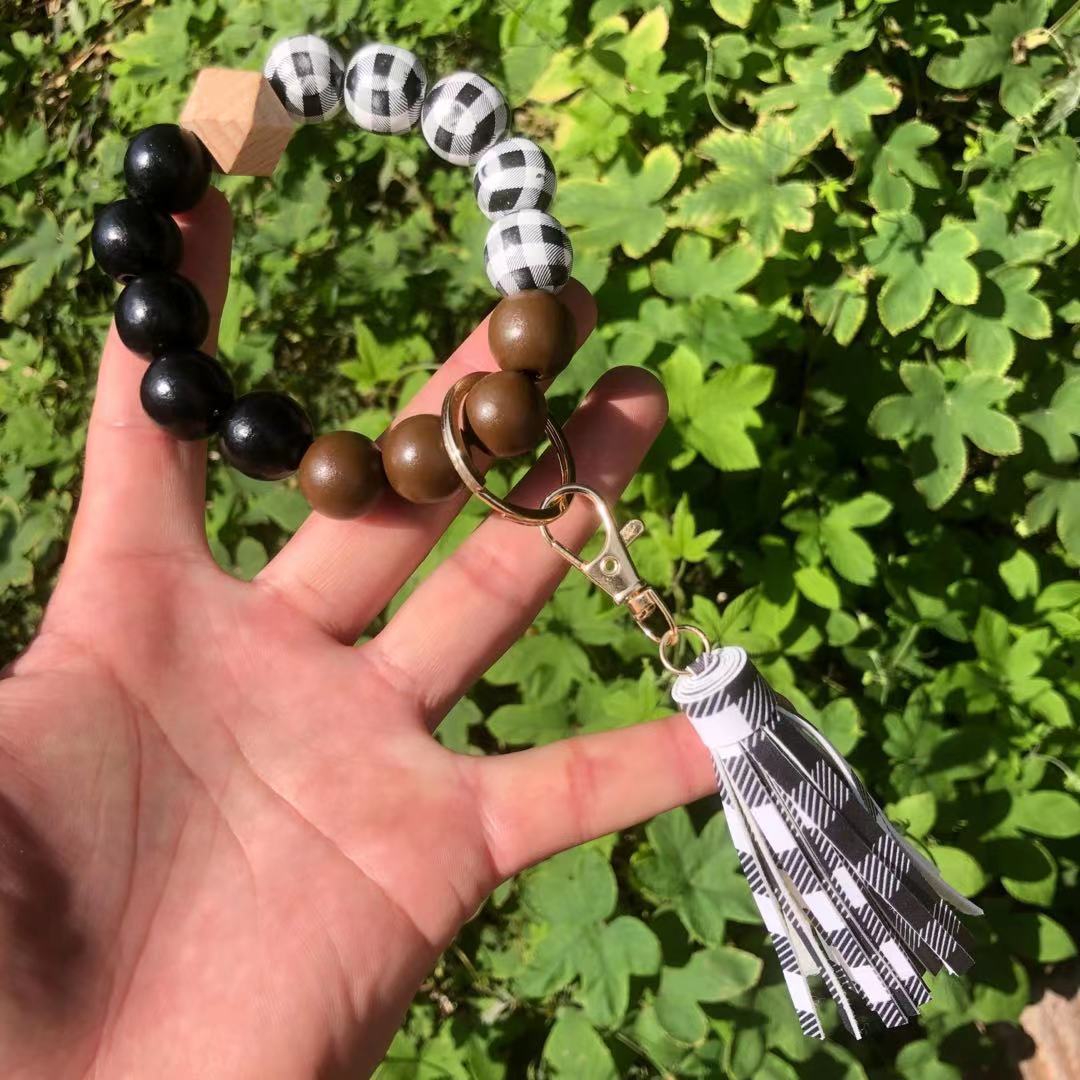 Wholesale Christmas Wooden Beads Plaid Leopard Print PU Tassel Bracelet Keychain