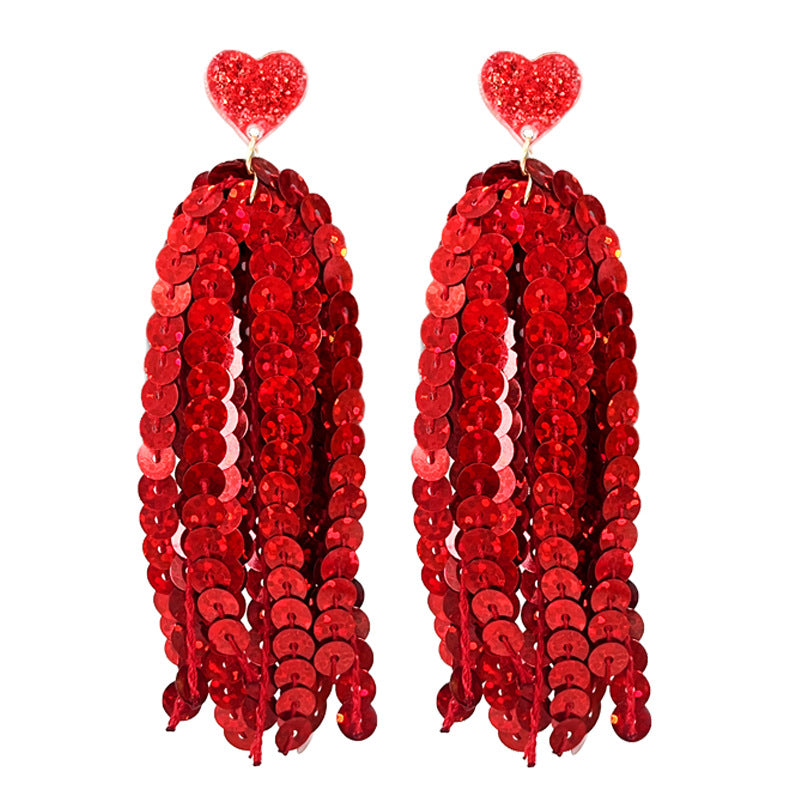 Wholesale   2pairs/pack Valentine' s Day Glitter Pink Love Tassel Atmosphere Earrings