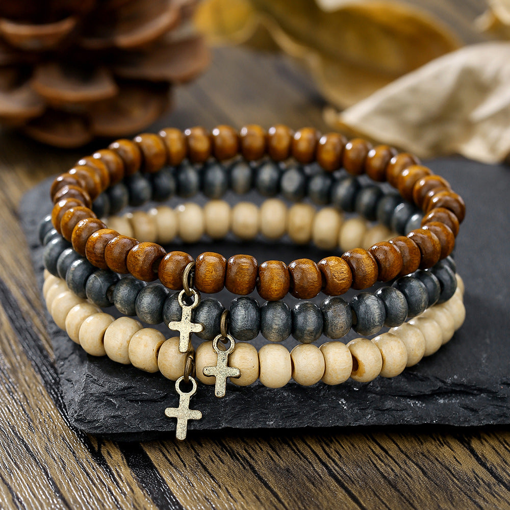 Wholesale Retro Style Wooden Beads Stacked with Bracelet Men's Beaded Cross Pendant Bracelet