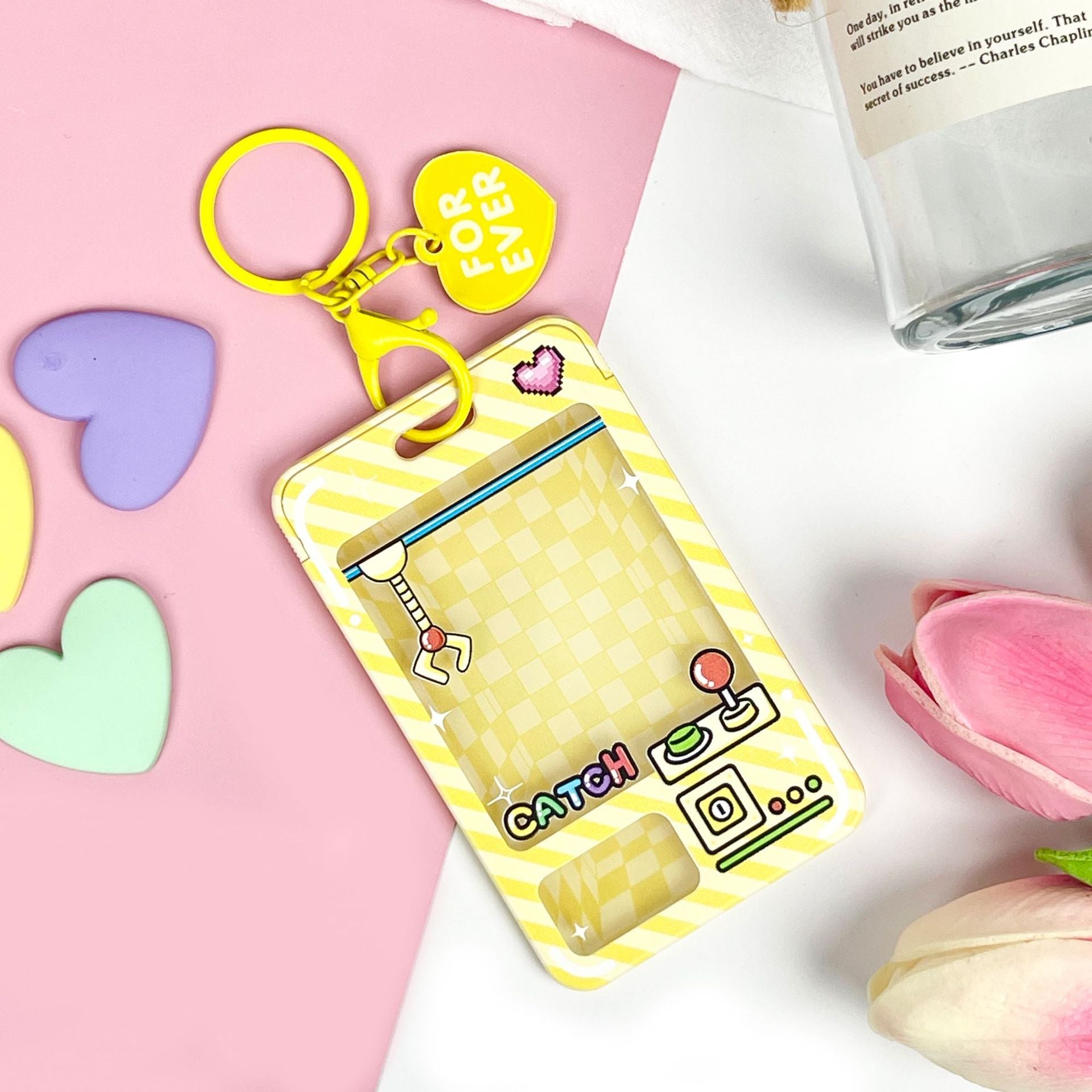 Wholesale latch type transparent card holder cartoon ID holder embossed bus card protective cover key chain