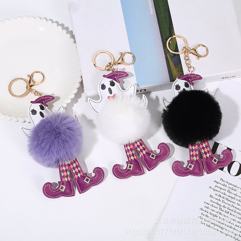 Wholesale Halloween Leather Skull Hair Ball Keychain