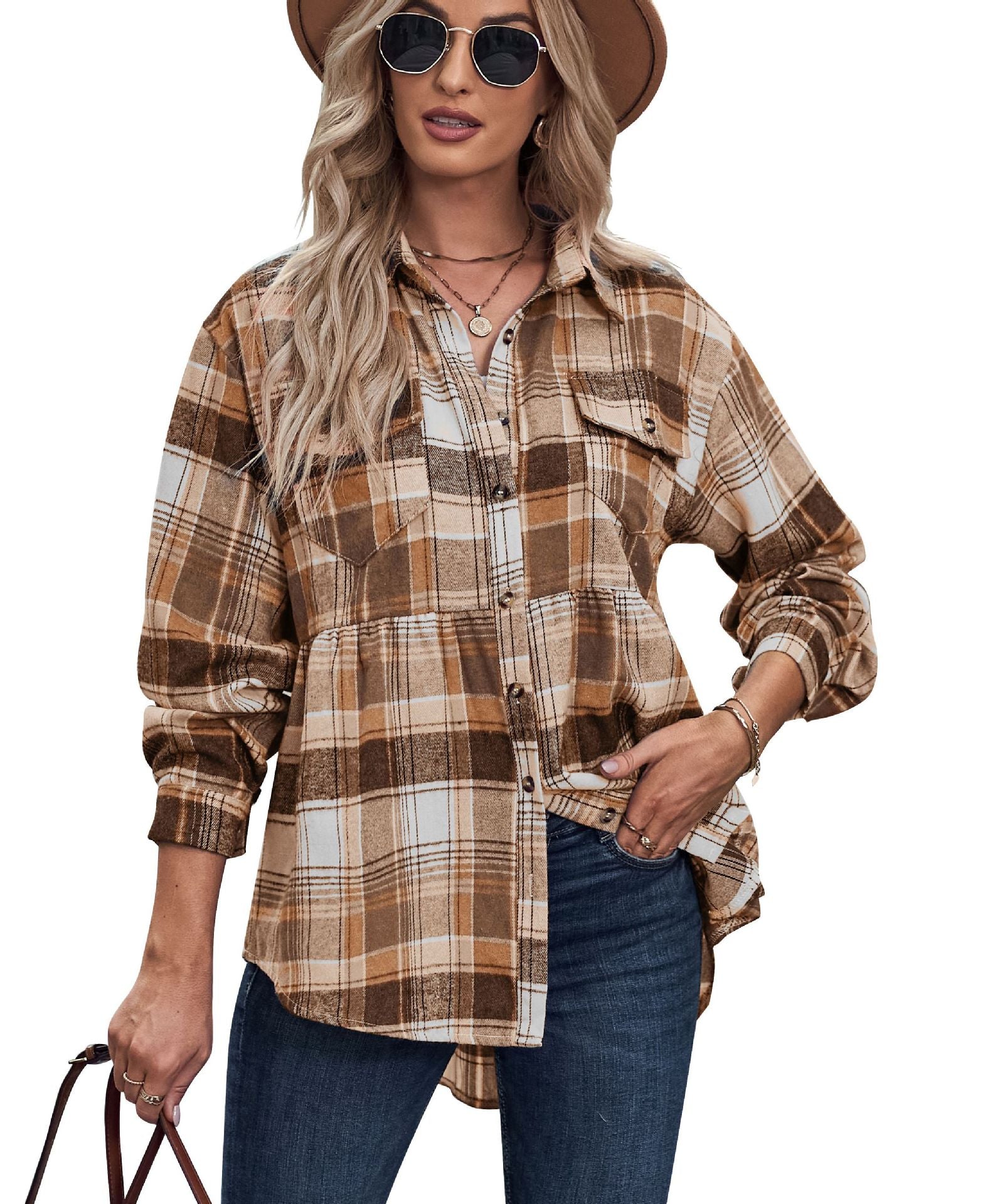 Wholesale Polyester Women's Tops Lapel Long Sleeve Pocket Casual European and American Plaid Shirt