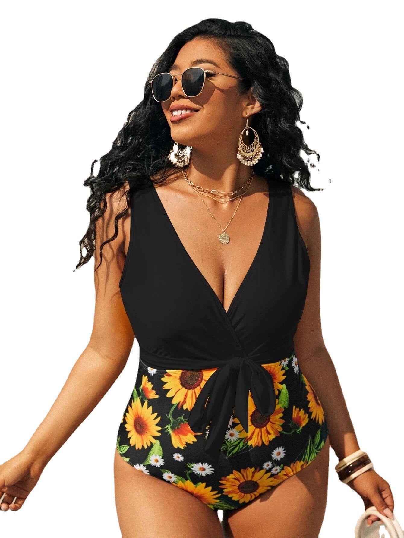 Wholesale gathered slimming bow sunflower printed polyester fiber Swimwear