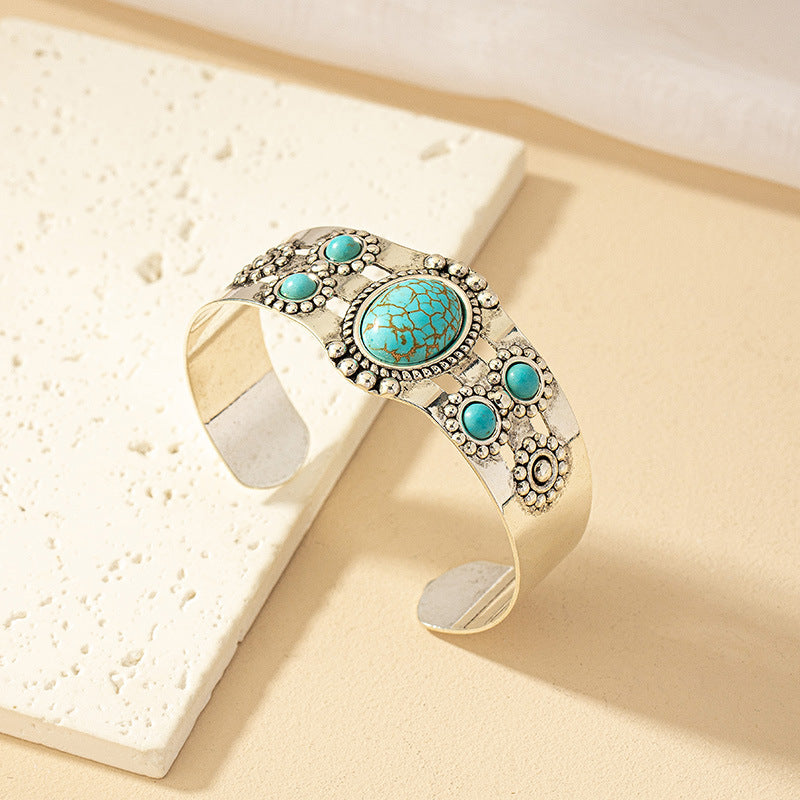 Wholesale Gold Tone Alloy Open Cuff Bracelet French Vintage Palace Style With Turquoise Accent Women S Everyday Fashion Accessory