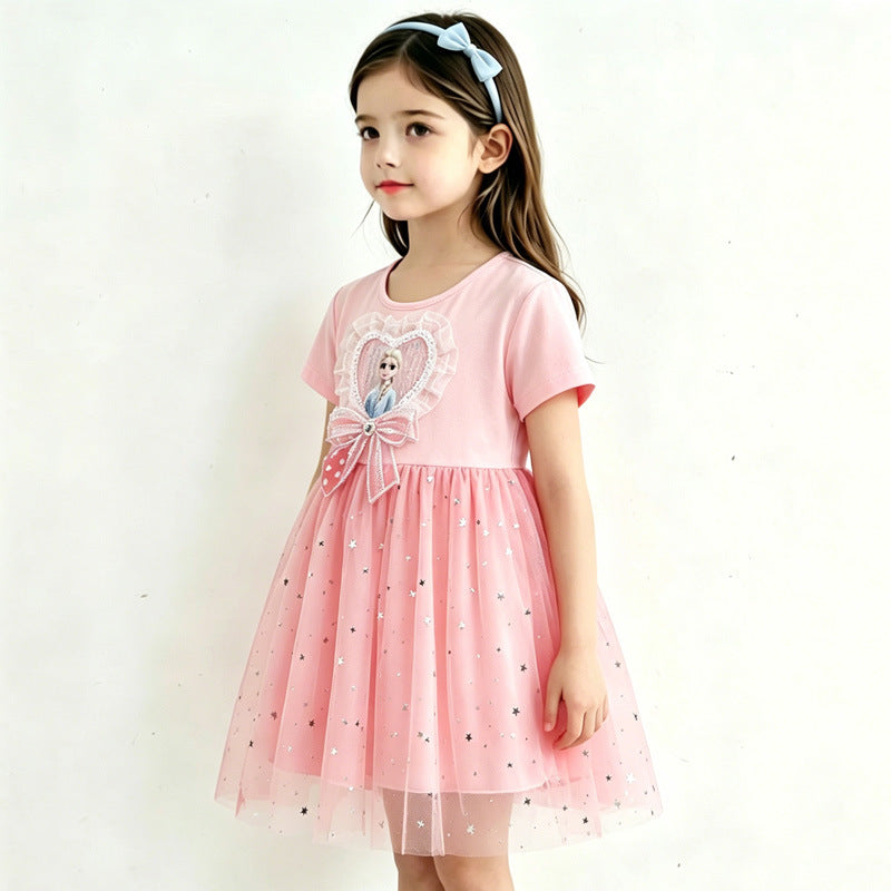 Wholesale Trendy Girls Summer Princess Dress Pink Short Sleeve Star Mesh Tulle Party Wear OLY Exclusive