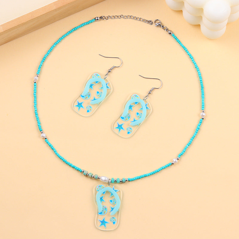 Wholesale Holiday Style Slipper Earrings Beaded Acrylic Necklace Set