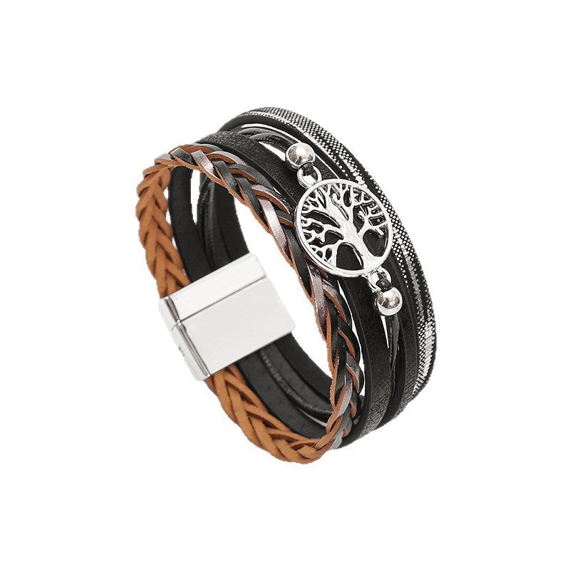 Wholesale Bohemian multi-layered leather hand-woven diamond magnetic clasp bracelet