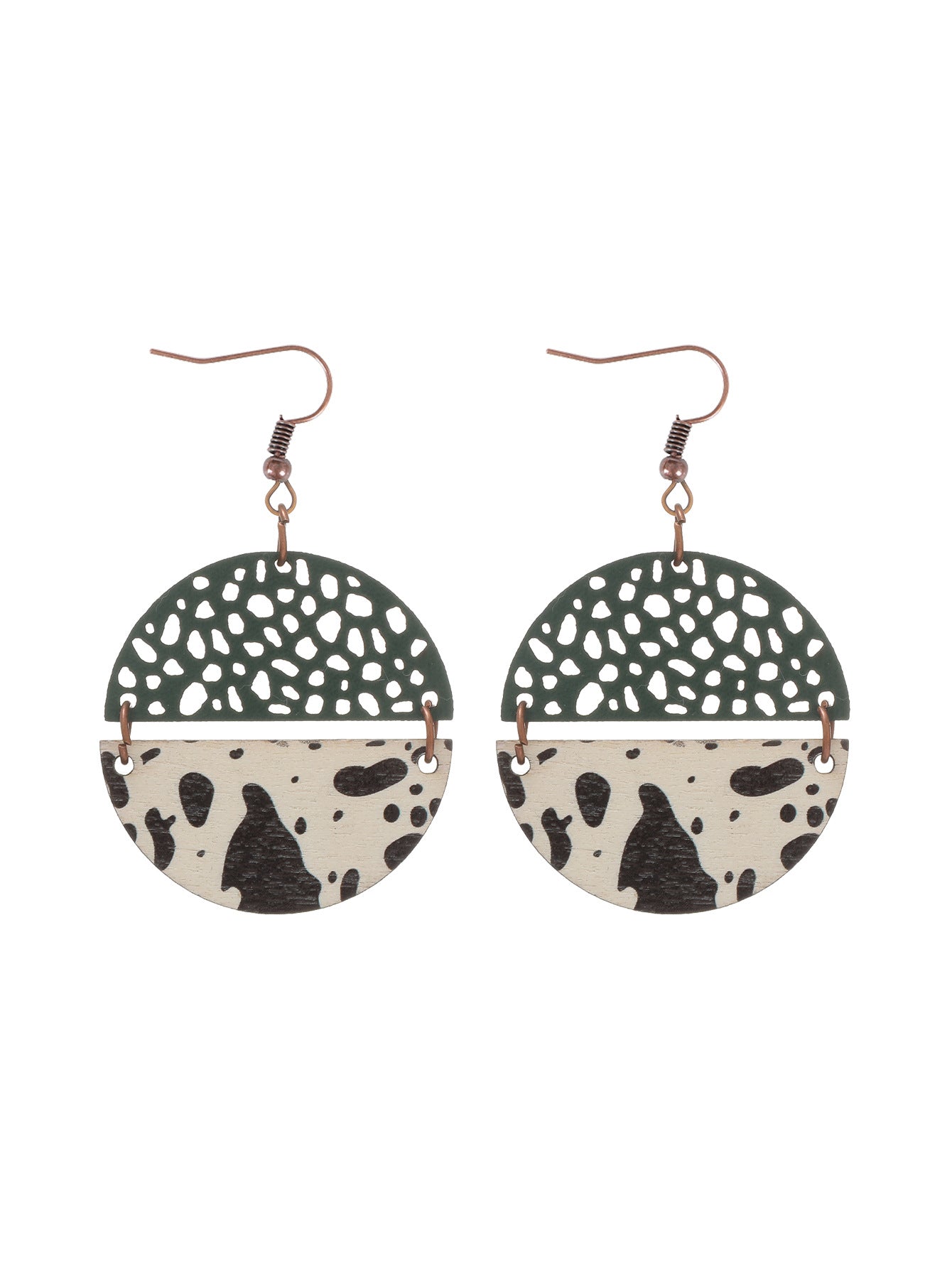 Wholesale Western Style Cow Print Leopard Print Wood Chip Leather Combination Round Earrings