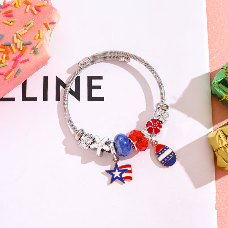 Wholesale American Flag Love Balloon Pendant Stainless Steel Beaded Bracelet