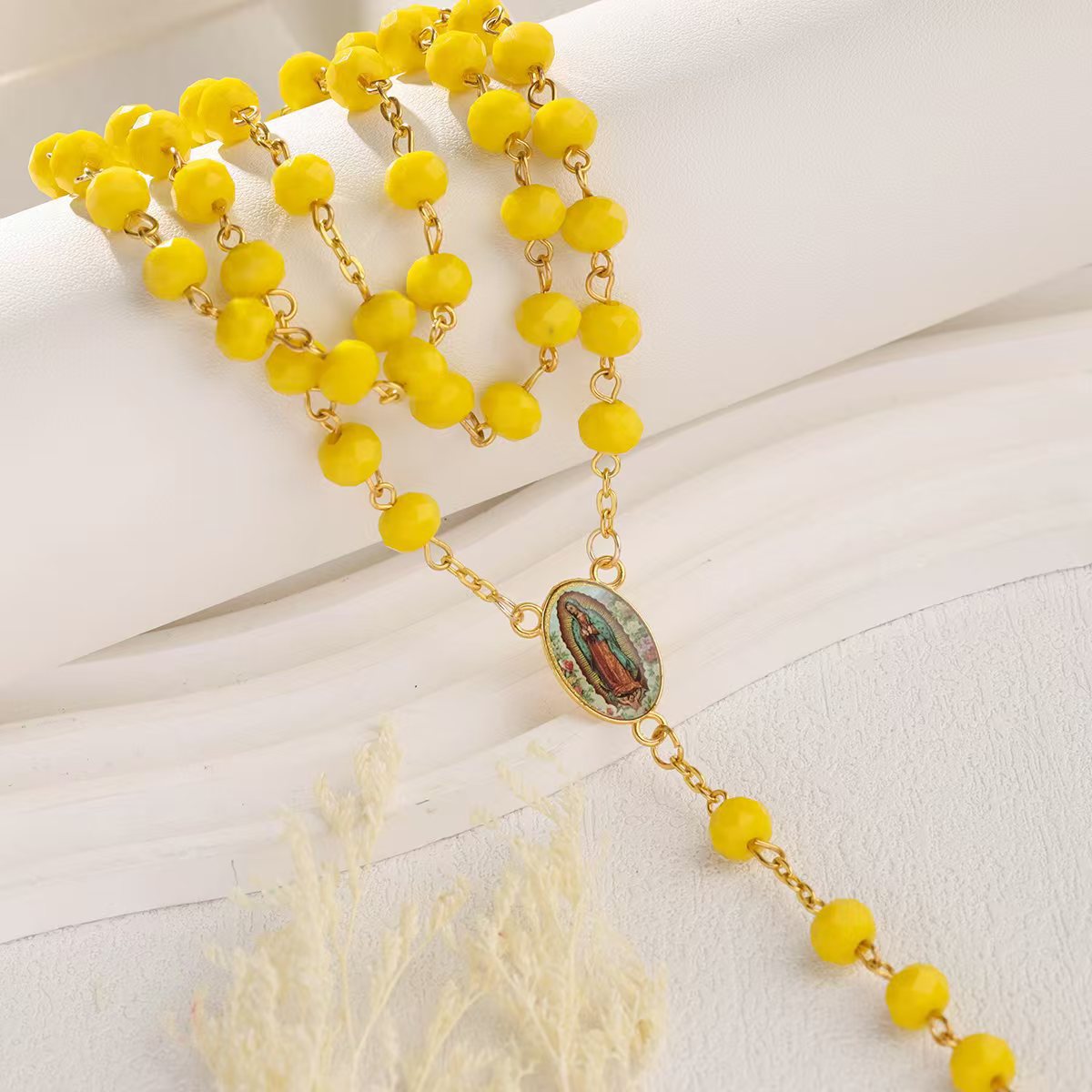 Wholesale  10pcs/pack beaded jewelry yellow crystal beads cross rosary necklace