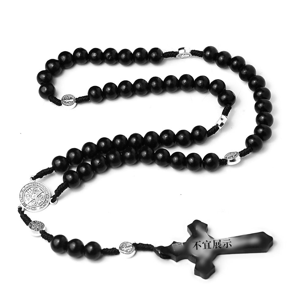 Wholesale Natural Wood Beads Cross Rosary Necklace