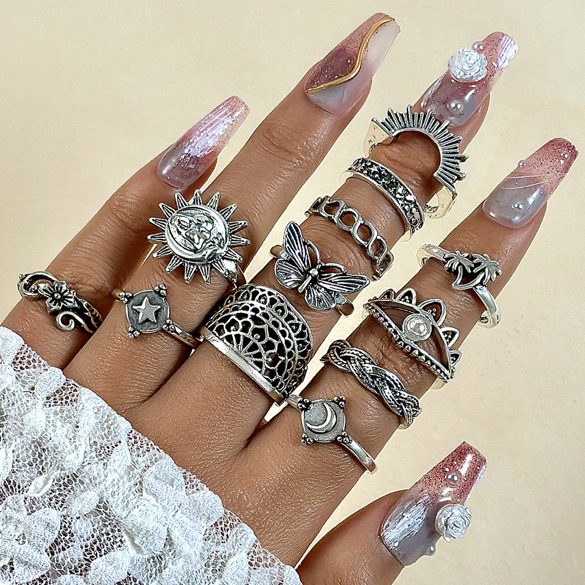 Wholesale Retro Butterfly Flower Moon Ring Punk Snake Stacking Joint Ring Set