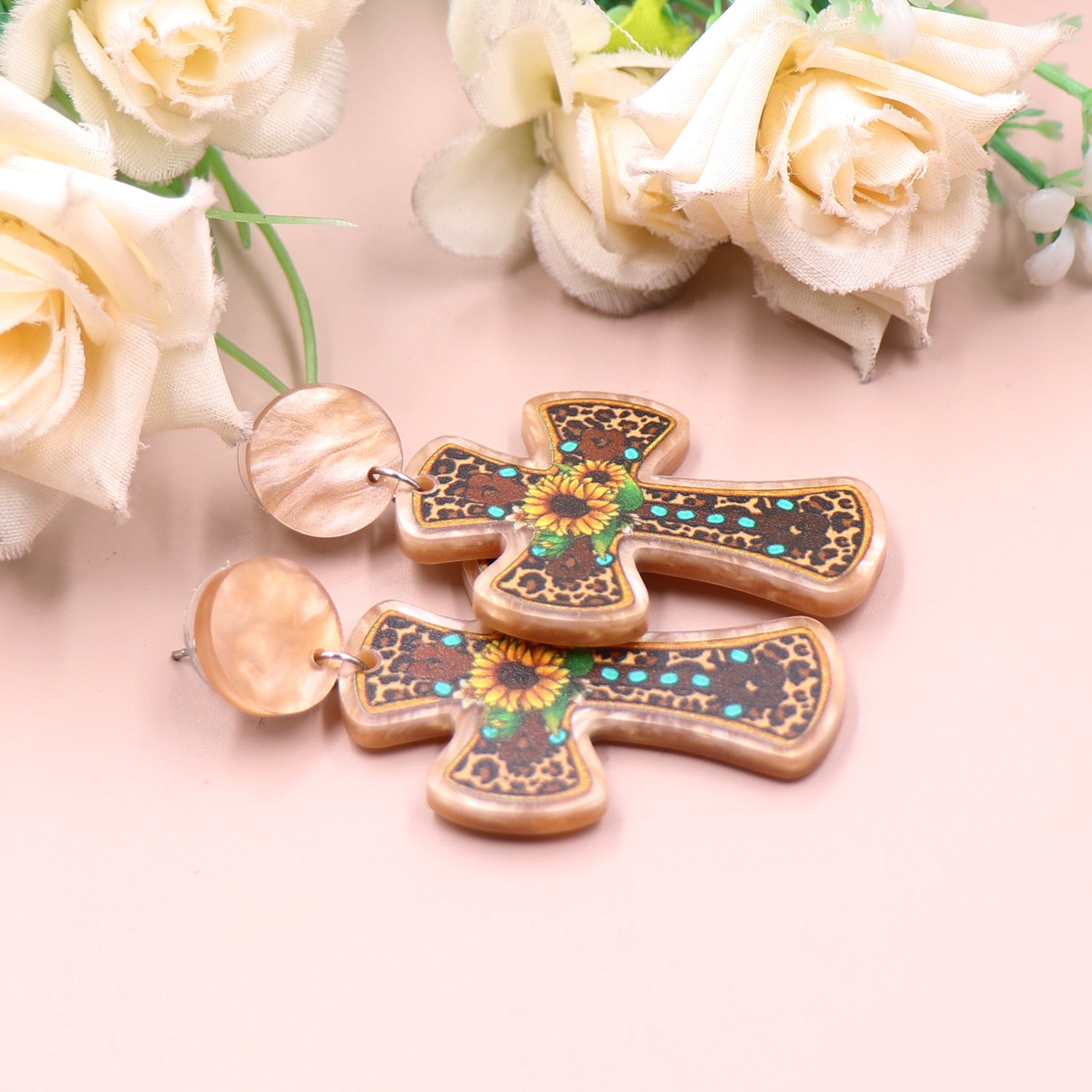 Wholesale Cross Sunflower Acrylic Heart Earrings