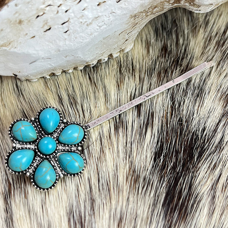 Wholesale Retro turquoise alloy flower western style hairpin