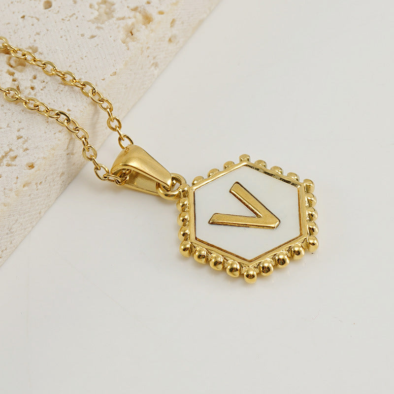 Wholesale Stainless Steel Plated Hexagonal Natural Shell Letter Pendant 18K Necklace