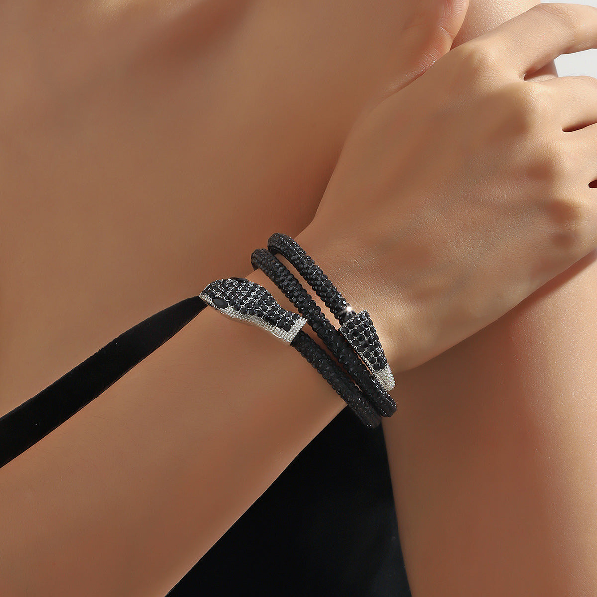 Wholesale Dark Alloy Inlaid Rhinestone Snake Wrapped Bracelets
